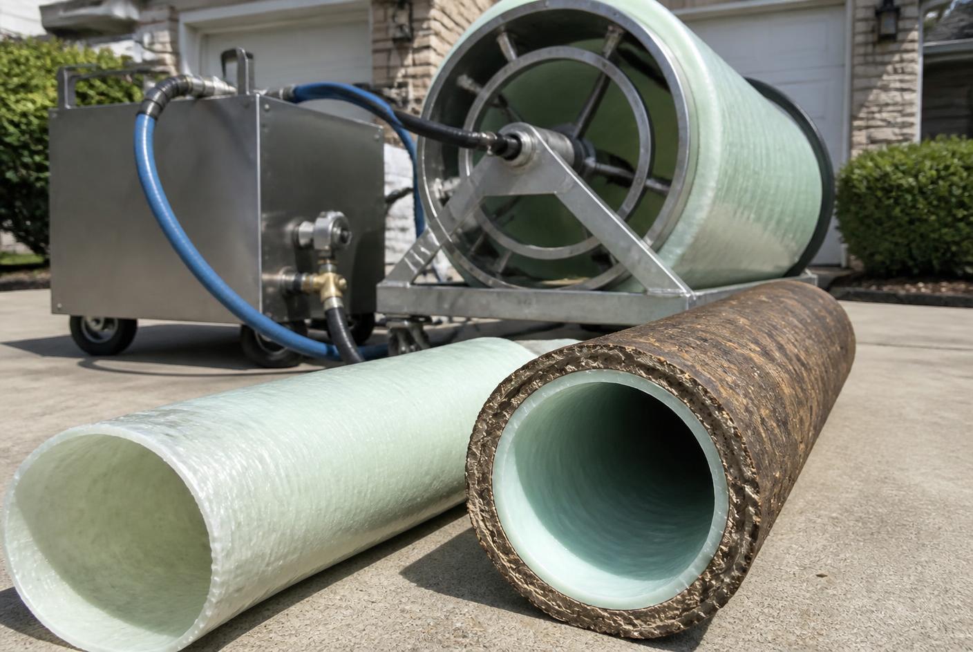Green resin liner and a cut section of old pipe showing the liner inside