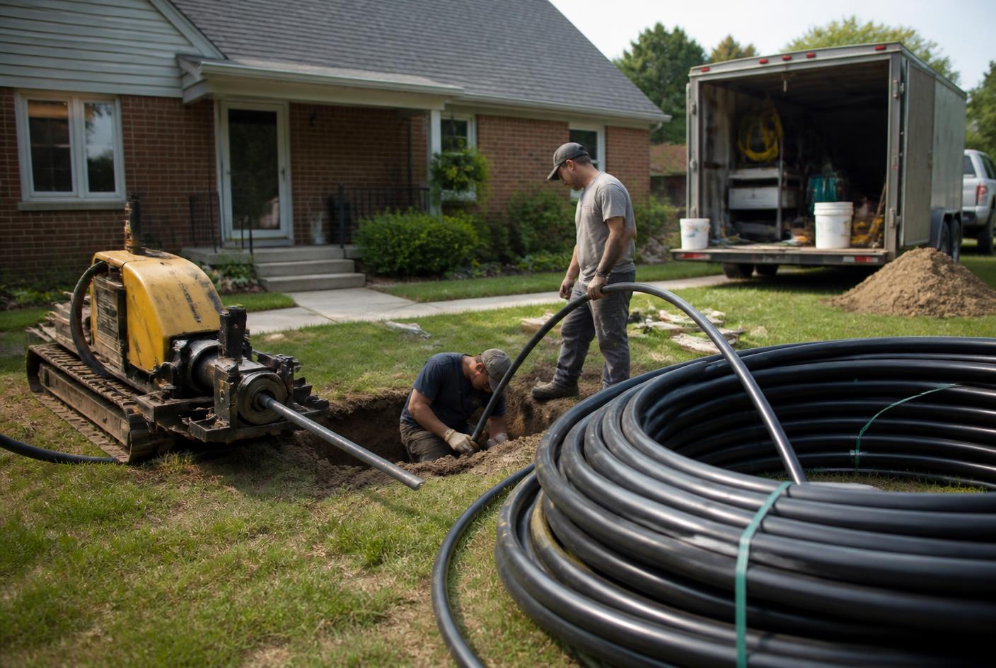 Pipe bursting rig and coiled HDPE pipe on a residential lawn beside a small pit